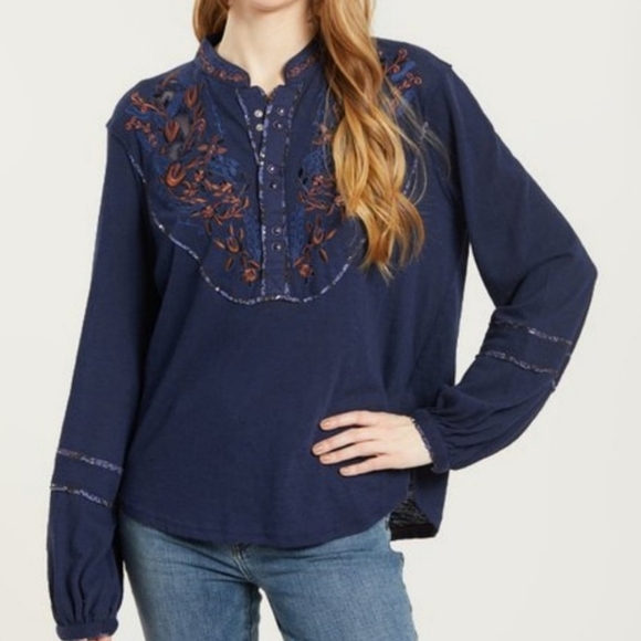 Free People Sundance Embroidered Henley Top - Picture 3 of 8